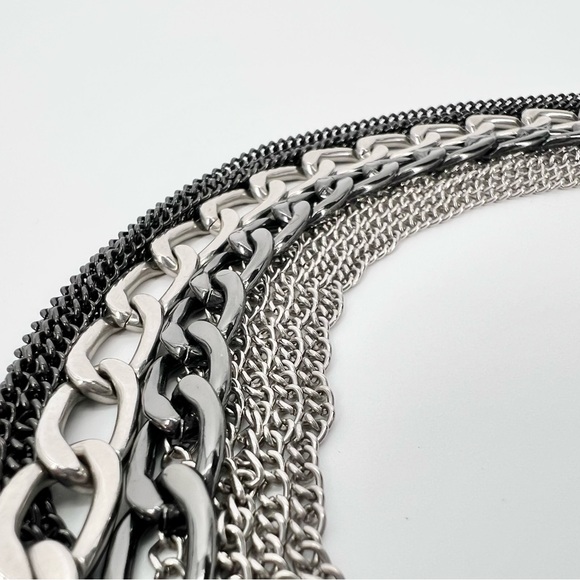 Layered Mixed Metal Chain Necklace Multi Strand Gunmetal Silver Edgy Punk Goth - Picture 8 of 15